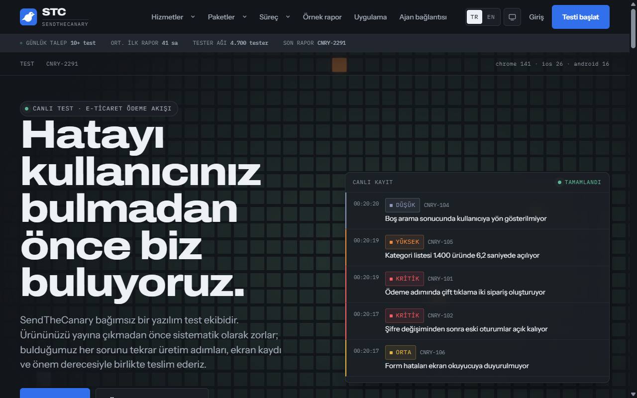 SendTheCanary web sitesi